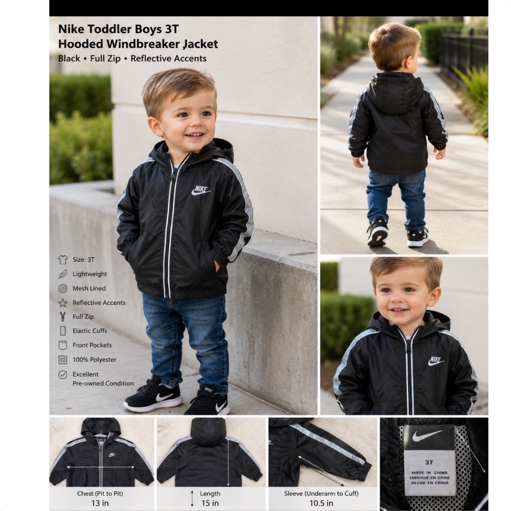 Nike Toddler Boys 3T Hooded Windbreaker Jacket Black Full Zip Reflective